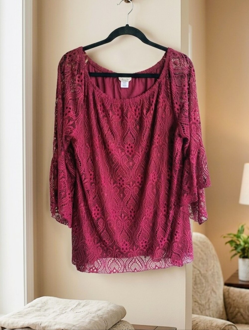 Brittany Black Burgundy Crochet Lace Scoop Neck Blouse Size 1X